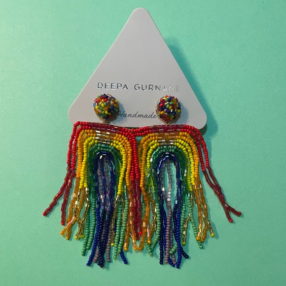 Rainbow Statement Earrings Deepa Gurnani Anthropologie Beaded Fringe - Picture 2 of 16